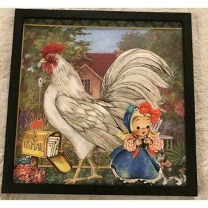 Chicken and Vintage Girl Framed Handmade Collage Wall Art Farmhouse Decor